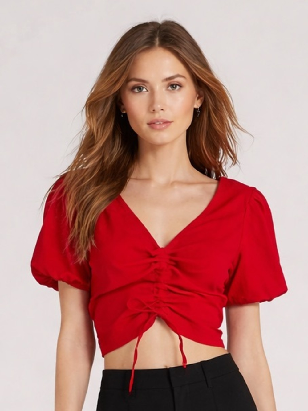 NWOT Pixie Market Red Linen Balloon Sleeve
rop Top